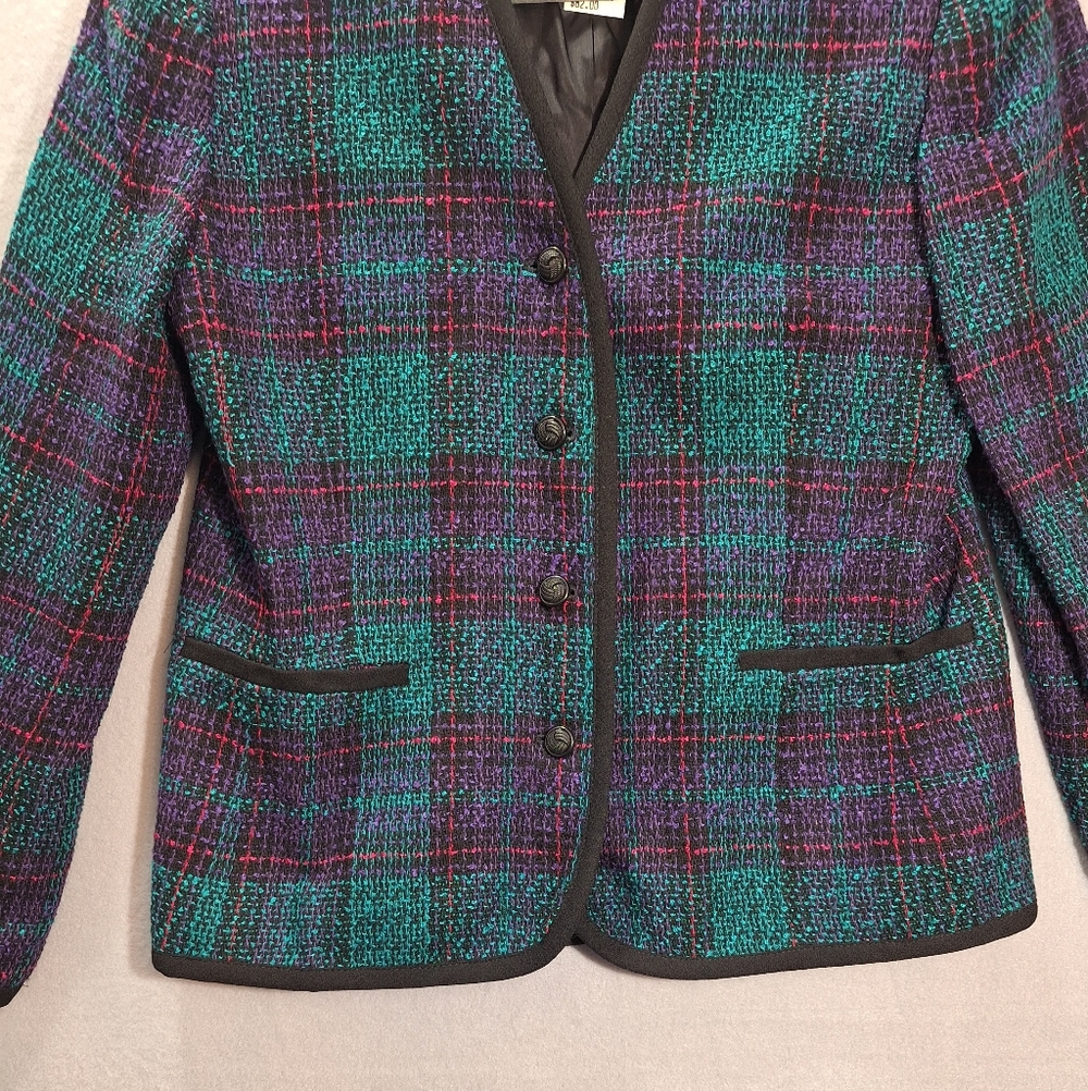 NWT Vintage 80s Jewel Tone Plaid Blazer Wool Blend Fitted USA Union Made Size 10 - Picture 3 of 15